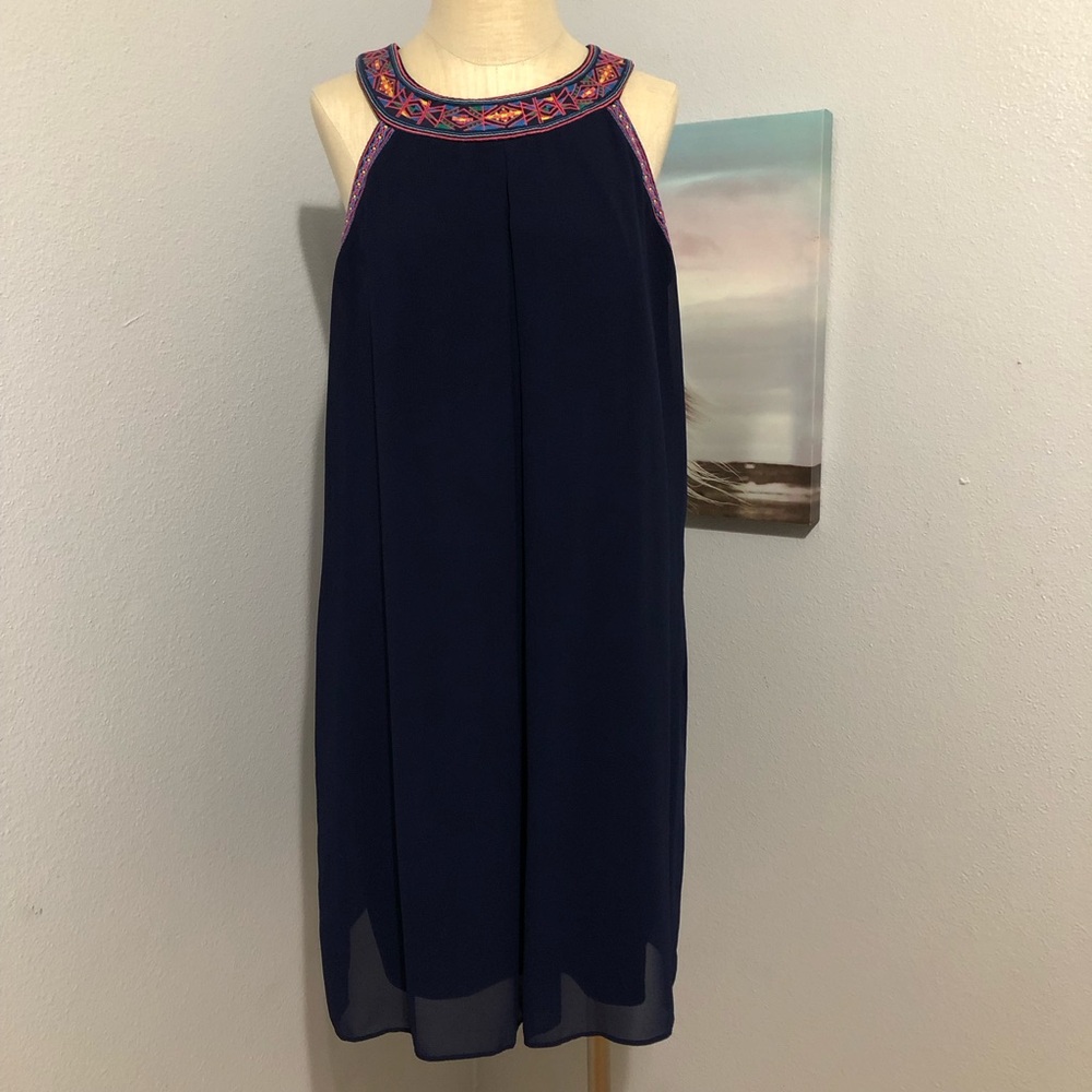 Navy Blue Dress with Embroidered Neckline
